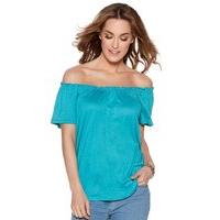 Women\'s Ladies short sleeve plain soft jersey elasticated frill neck off shoulder casual summer gypsy top