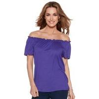 Women\'s Ladies short sleeve plain soft jersey elasticated frill neck off shoulder casual summer gypsy top