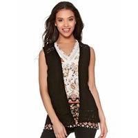 Women\'s Ladies Petite size sleeveless open crochet fringed trim waistcoat cover up