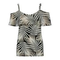 womens ladies palm print cut out cold shoulder sheer frill double laye ...