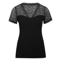 Women\'s Ladies slim fit short sleeve sweetheart v neckline jersey lace panel top