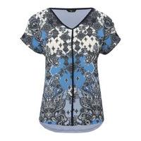 Women\'s Ladies petite size short sleeve soft stretch jersey paisley jacquard print open shoulder top