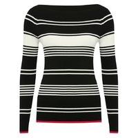 Women\'s Ladies long sleeve slim fit soft ribbed knit contrasting red hem Stripe print jumper