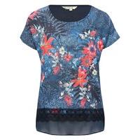 Women\'s Ladies Short Sleeve Tropical Palm Floral print lace Front trim Chiffon Back Casual top