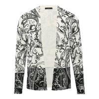 Women\'s Ladies black and white long sleeve open front paisley print block hem cardigan