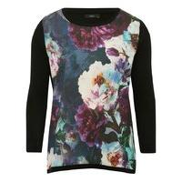 Women\'s Ladies floral print woven front long sleeve black knitted jumper