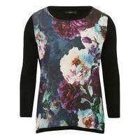 Women\'s Ladies floral print woven front long sleeve black knitted jumper