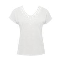 Women\'s Ladies Petite size plain cotton jersey short sleeve v neck crochet front top