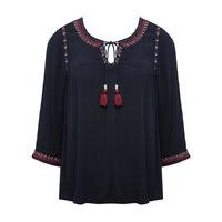 Women\'s Ladies lightweight jersey three quarter length sleeve embroidered tie neck peasant shirt