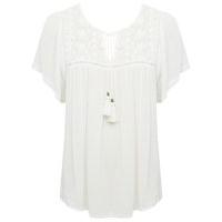 Women\'s Ladies viscose cream short sleeve embroidered yoke tie neck tassel detail peasant top