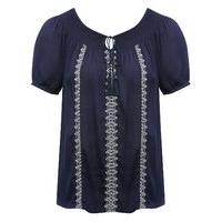 womens ladies navy short sleeve elasticated trim embroidered panel pea ...