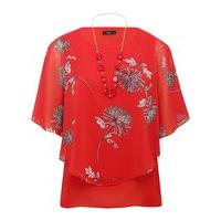 Women\'s Ladies red chiffon floral print layer batwing sleeve top and jewel necklace set