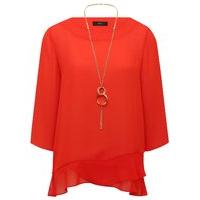 Women\'s Ladies light chiffon three quarter length sleeve round neck ruffle hem gold necklace dress