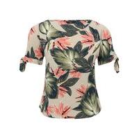 Women\'s Ladies Petite size Short tie sleeve cutout cold shoulder tropical floral print top