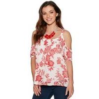Women\'s Ladies floral print red and white pull on cold shoulder short sleeve summer top