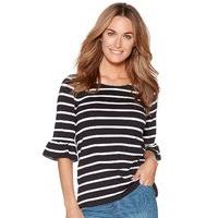 Women\'s Ladies navy and white pull on stripe print flute half statement sleeve jersey top