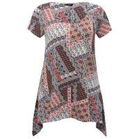 Women\'s Ladies plus size jersey Short sleeve patchwork tile print dipped hanky hem tunic top