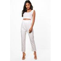 Woven Ruffle Detail Slim Tie Trousers - ivory