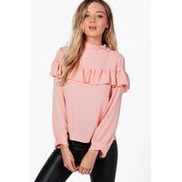 Woven Ruffle Front Blouse - pink