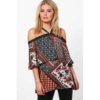 woven cross neck paisley top multi