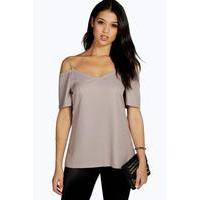 Woven Strappy Open Shoulder Blouse - grey