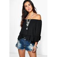 woven off the shoulder frill sleeve top black