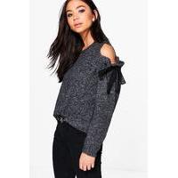 Wool Tie Cold Shoulder Jumper - charcoal