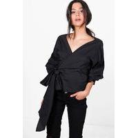 Woven Ruched Sleeve Wrap Front Blouse - black