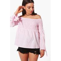 Woven Stripe Off The Shoulder Top - pink