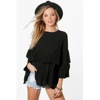 woven frill pleated blouse black