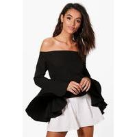 Woven Bardot Flare Sleeve Top - black