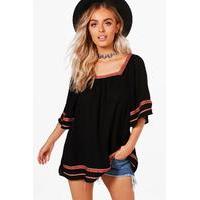 Woven Embroidered Flare Sleeve Top - black