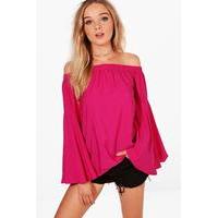 Woven Extreme Frill Sleeve Off The Shoulder Top - fuchsia