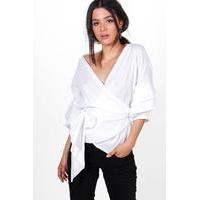 Woven Ruched Sleeve Wrap Front Blouse - white
