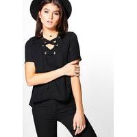 Woven Lace Up Short Sleeve T-Shirt - black
