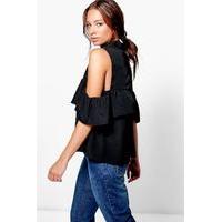 Woven Ruffle Cold Shoulder Top - black