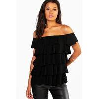 Woven Frill Layer Bardot Top - black