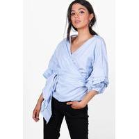 Woven Ruched Sleeve Wrap Front Blouse - blue