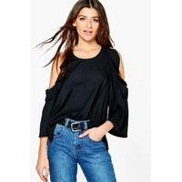Woven Cold Shoulder Ruffle Top - black