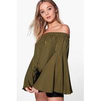 woven extreme frill sleeve off the shoulder top khaki