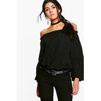 woven off the shoulder ruffle top black
