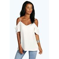 woven strappy open shoulder blouse ivory