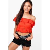 Woven Ruffle Button Down Bardot Crop - red