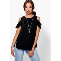 woven frill sleeve top black