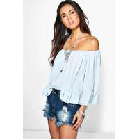 Woven Off The Shoulder Frill Sleeve Top - sky