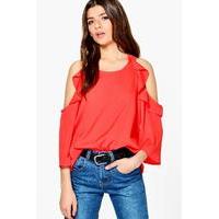 Woven Cold Shoulder Ruffle Top - poppy