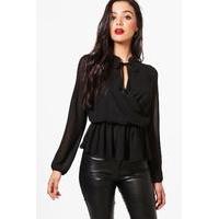 woven wrap front blouse black