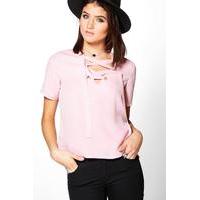 woven lace up short sleeve t shirt mauve