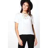 Woven Lace Up Short Sleeve T-Shirt - white
