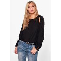Woven Cut Out Tie Sleeve Blouse - black
